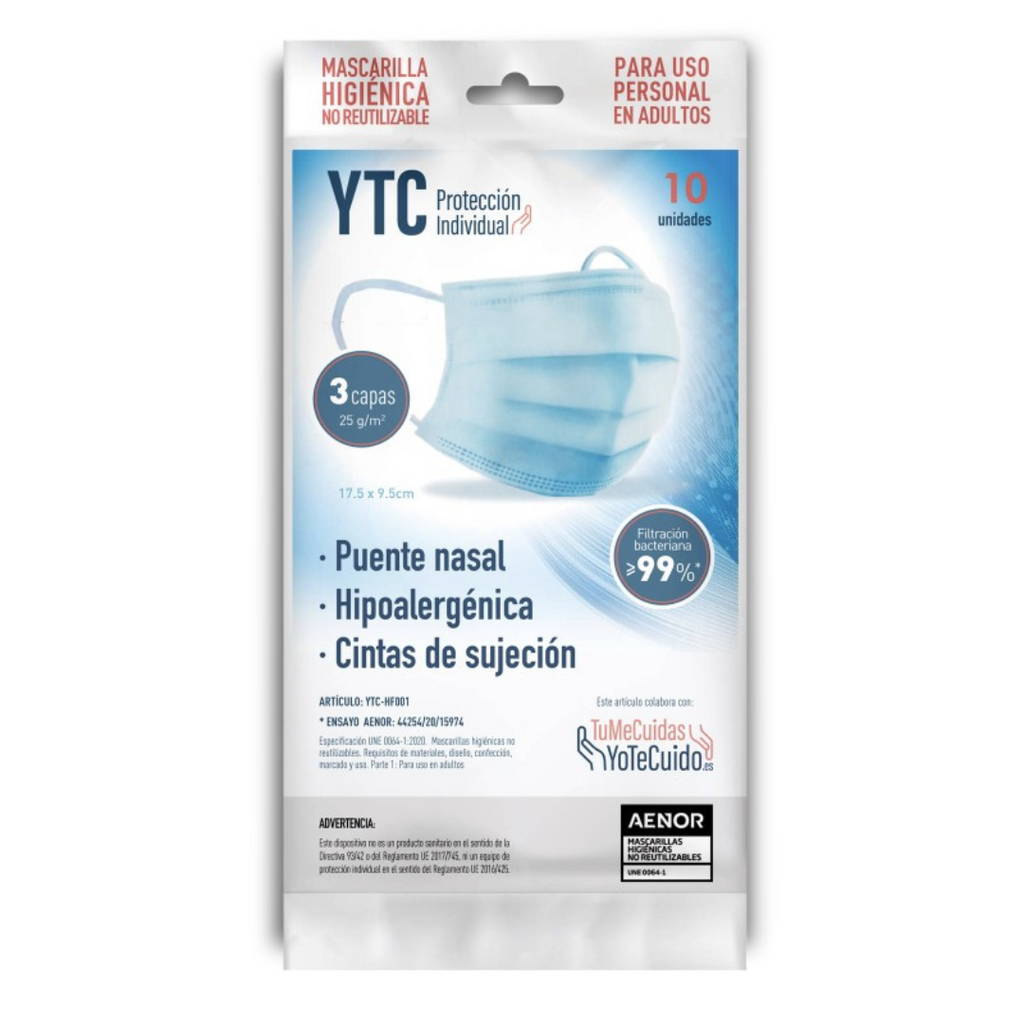 Mascarilhas Higiénicas YTC Adulto – Pack 10 Unidades